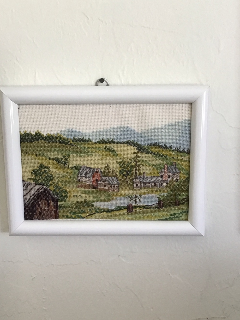 Vintage Handmade Framed completed countryside landscape cross-stitch piece.